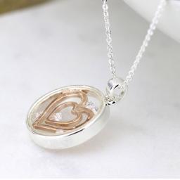 Peace Of Mind.Circle Necklace With Rose Gold Hearts & Crystals