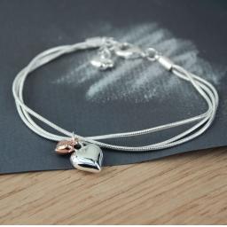 Peace of Mind Silver Plated Triple Chain Bracelet with Hearts
