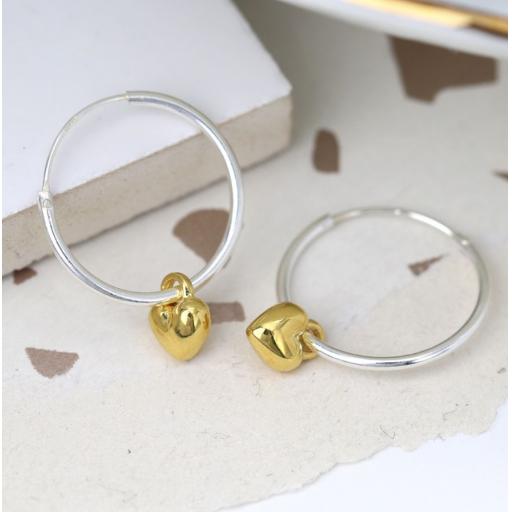 Peace Of Mind Sterling Silver Hoop Earrings With Gold Hearts
