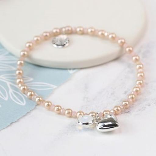 Peace of Mind Silver Plated Heart, Crystal & Champagne Pearl Bracelet