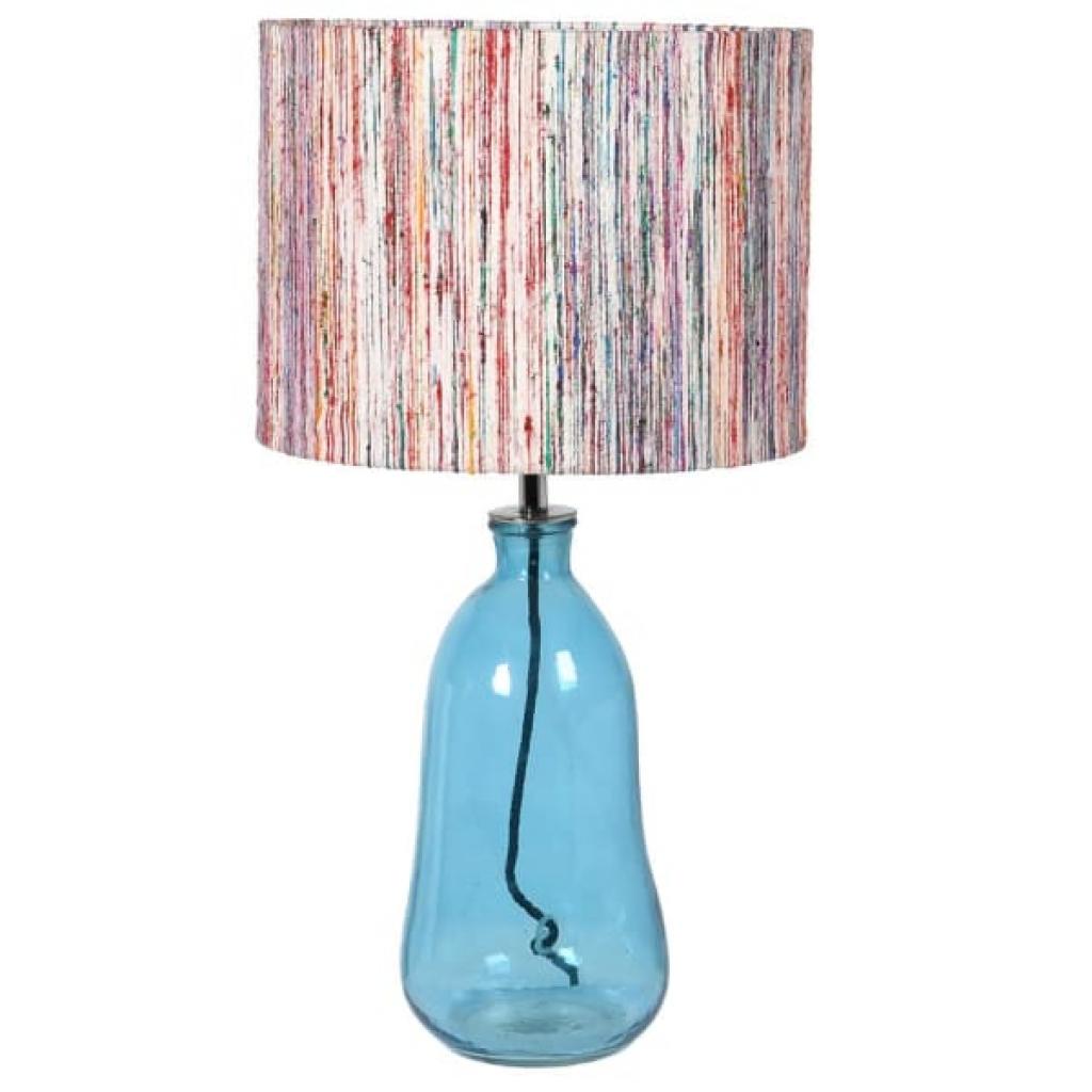Blue Glass Lamp With Striped Silk Shade
