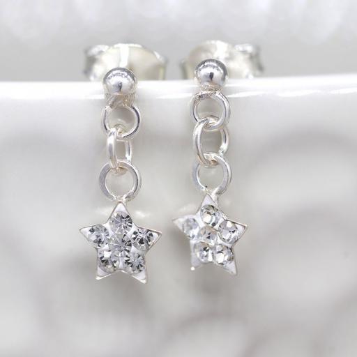 Peace Of Mind Tiny Clear Crystal & Star Drop Sterling Silver Earrings