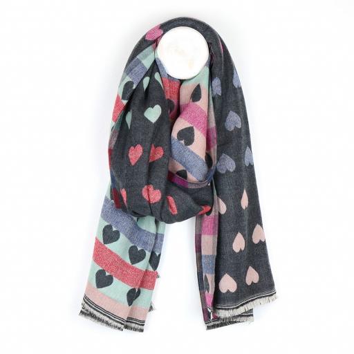 Peace Of Mind Grey And Pastel Reversible Jacquard Heart Scarf