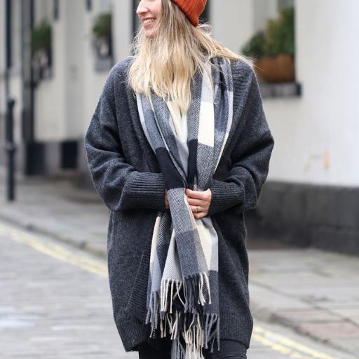 Peace Of Mind Black & Grey Check Blanket Scarf With Fringe