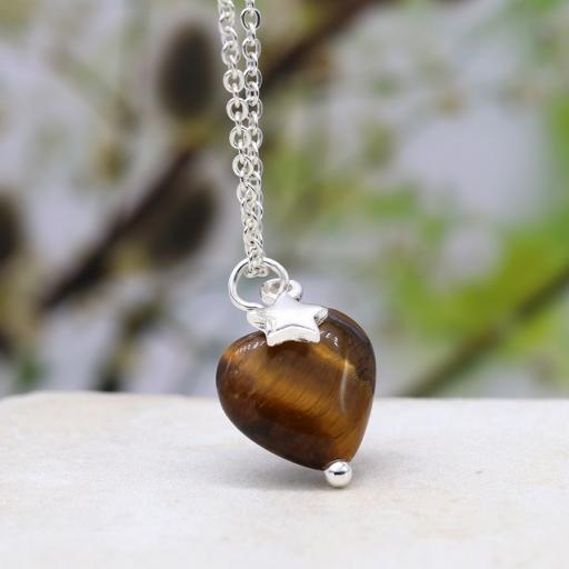 Peace Of Mind Silver Plated Chain With Tigers Eye Heart Drop And Silver Star