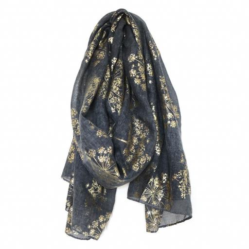 PEACE OF MIND Charcoal scarf with gold cow parsley print