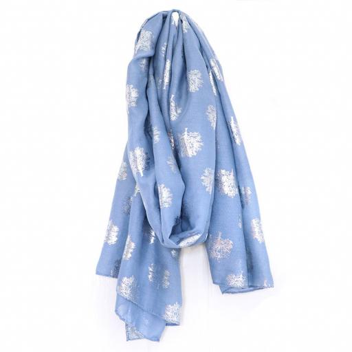 PEACE OF MIND Blue scarf with silver oak tree print