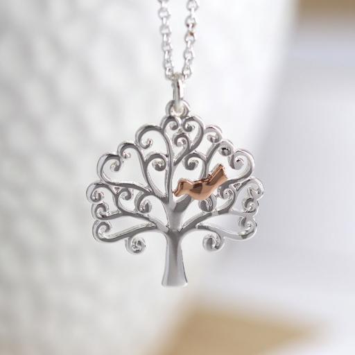 Peace of Mind Silver plated necklace with tree of life and rose gold bird