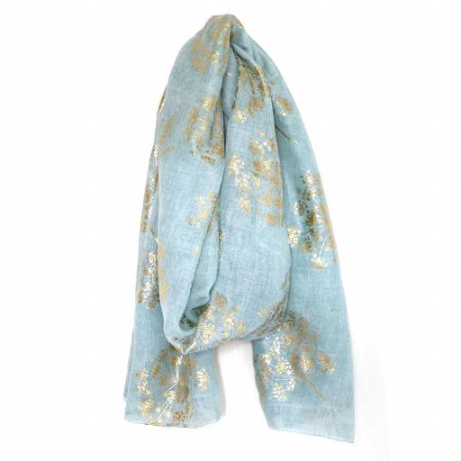 PEACE OF MIND Soft duck egg scarf with gold cow parsley print