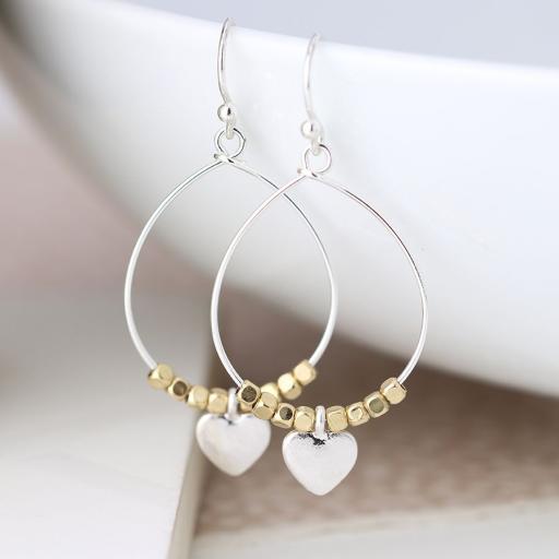 Peace of Mind Silver Plated Silver Hoop Earrings with Square Gold Beads