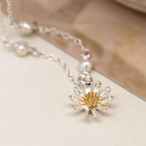 Peace of Mind Sterling Silver And Gold Daisy Necklace With Freshwater Pearls