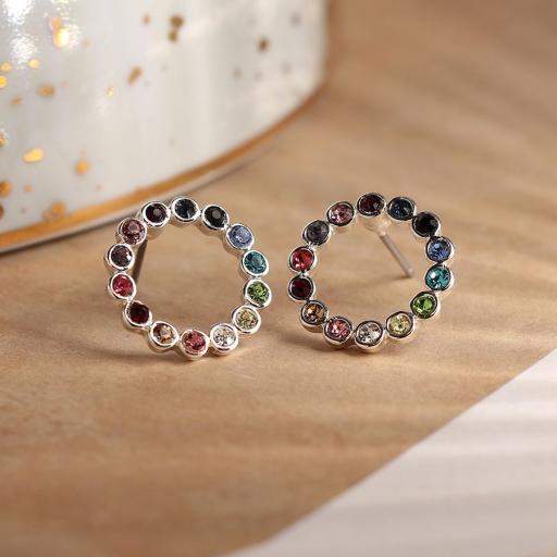 Rainbow Crystal Circle Stud Earrings