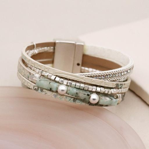 Peace of Mind Pale grey leather and mixed aqua bead bracelet