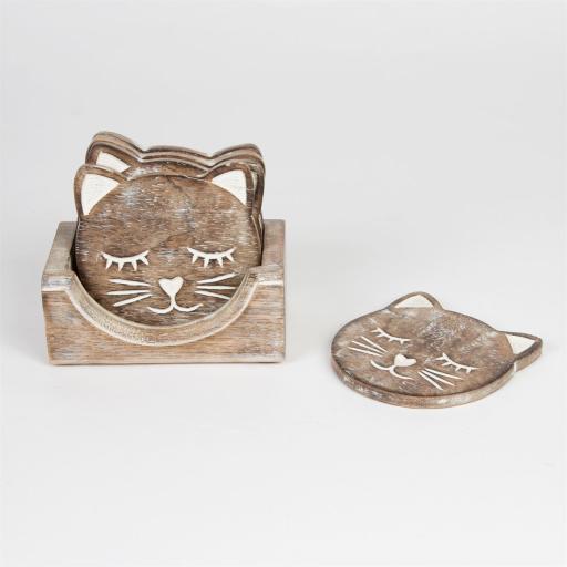 Sass and Belle Wooden Cat Coaster Set with Holder