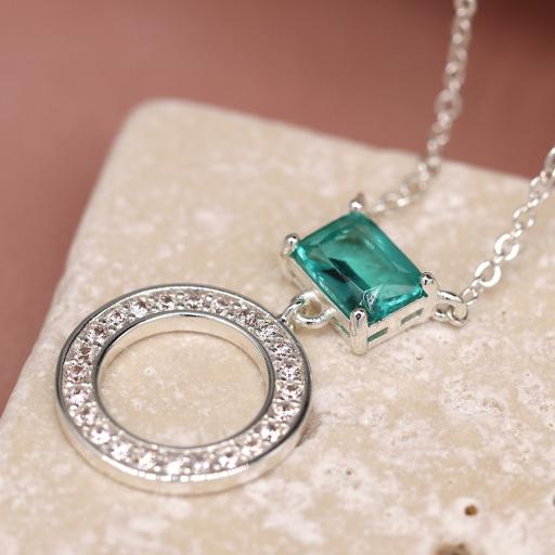 Silver Plated Crystal Circle and Aqua Crystal Necklace by Peace of Mind