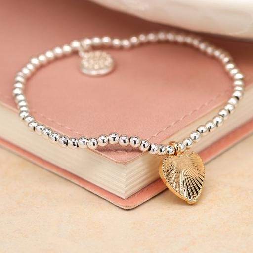 Peace of Mind Silver Plated Bead and Golden Embossed Heart Bracelet