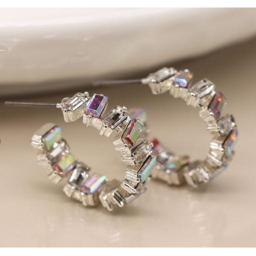 PEACE OF MIND SILVER PLATED STAGGERED CRYSTAL HOOP EARRINGS