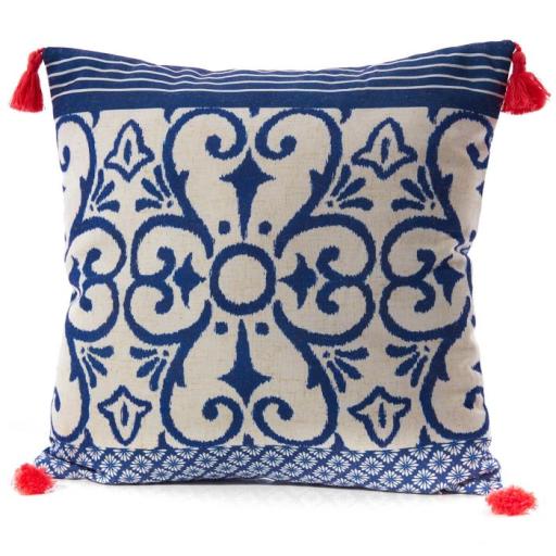 BLUE SCROLL CUSHION PRINTED FABRIC WITH CORAL TASSELS