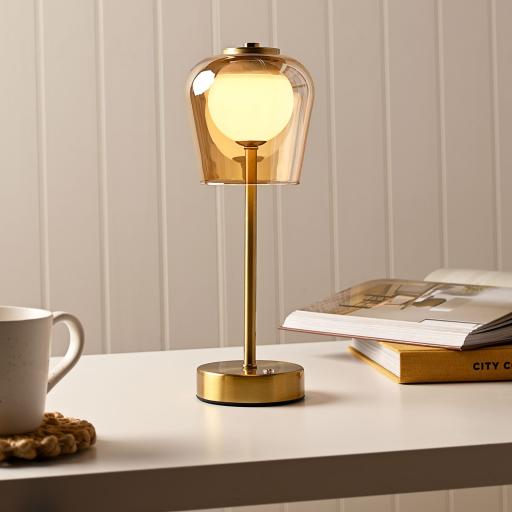 RECHARGEABLE  GOLD FINISH USB LED TOUCH TABLE LAMP - GLASS SHADE